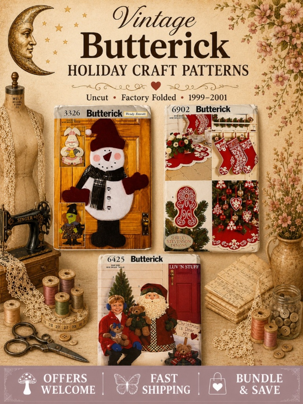 Lot of 3 Vintage Butterick Christmas Craft Patterns Uncut 1999–2001